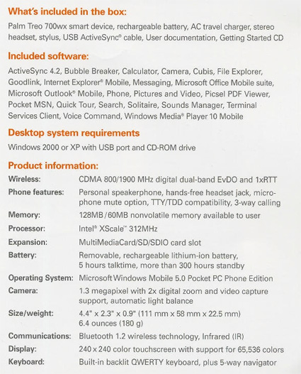 More Palm Treo 700wx info (Spec Sheet) 700wx 2