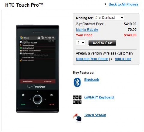 verizon wireless htc touch pro 480x440