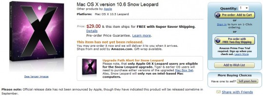 amazon apple os x snow leopard preorder 540x197