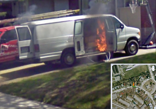 Google Street View van on fire