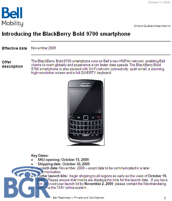 Bell Mobility HSPA device launch list leaks bell 9700