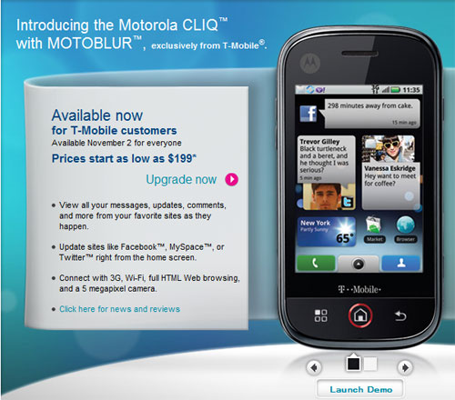 Motorola CLIQ with MOTOBLUR now available on T Mobile motorolacliqtmobile