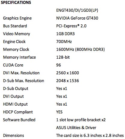 ASUS ENGT430/DI/1GD3 Video Card Packs GeForce GT 430 GPU