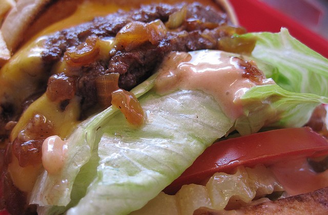Double Triple Mustard Fried Whole Grilled Onions Chiles on the Side With Fries, Well Done