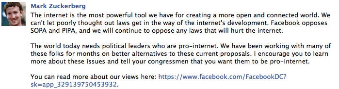 Facebook’s Zuckerberg blasts SOPA and PIPA