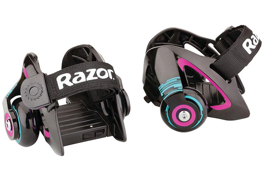 Roller skate wheels attach to any size shoes with a safety