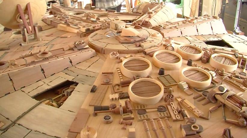 Handcrafted Millennium Falcon is made of 3,000 wood pieces