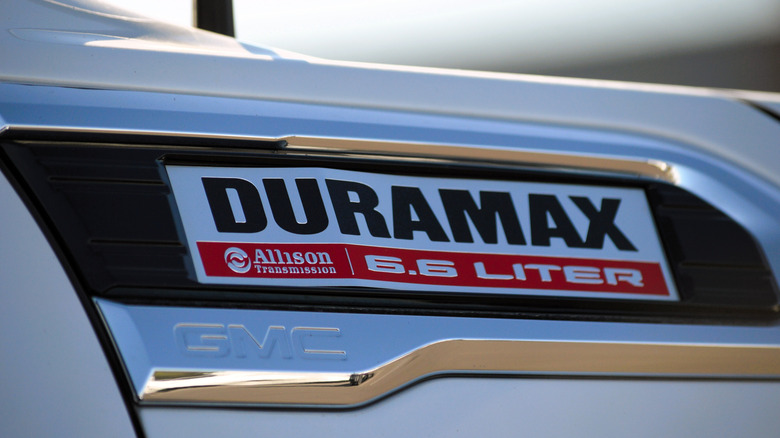 Close up image of Duramax logo on GMC truck