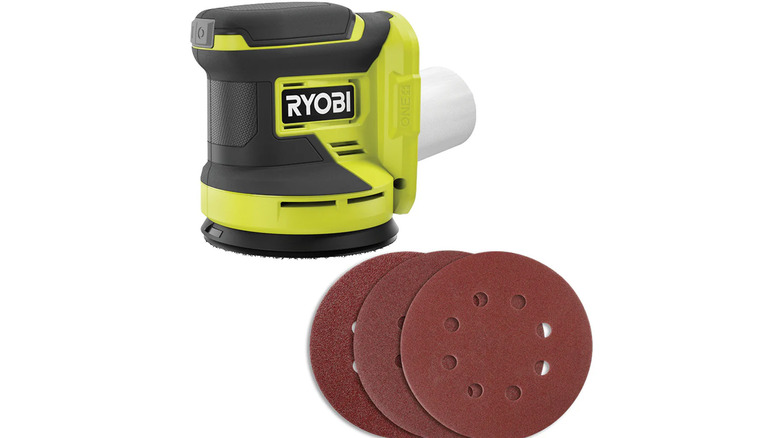 A stock image of a Ryobi random orbit sander