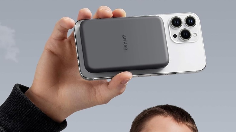 Anker 621 Magnetic Portable Charger attached to an iPhone