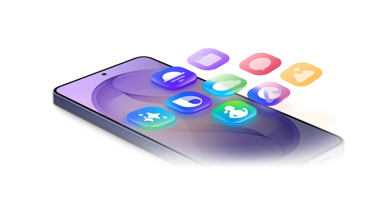 The Samsung Galaxy S26 Plus on a white background with floating visualized apps