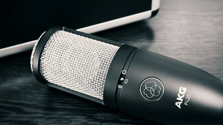 Close-up of AKG P420 mic on a table.
