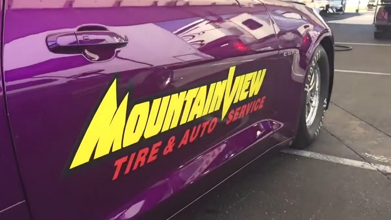 Mountain View Tire logo on a drag car