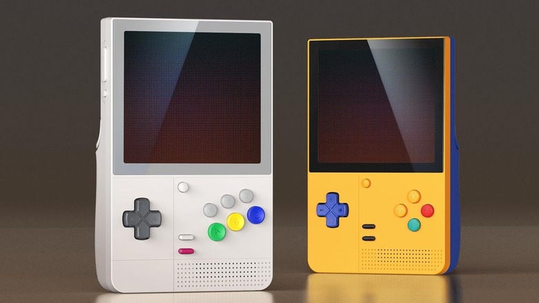 A pair of Retroid Pocket handheld devices standing next to each other