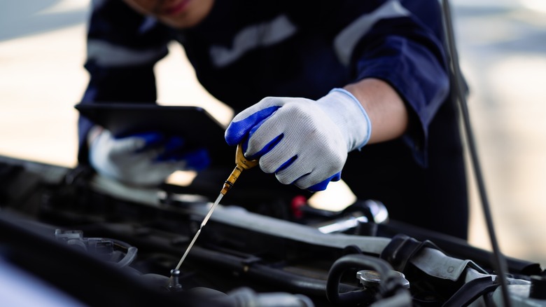 Mechanic checking oil level