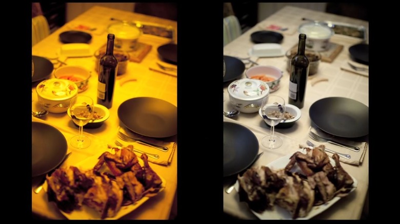 White balance between two photos of dinner tabl