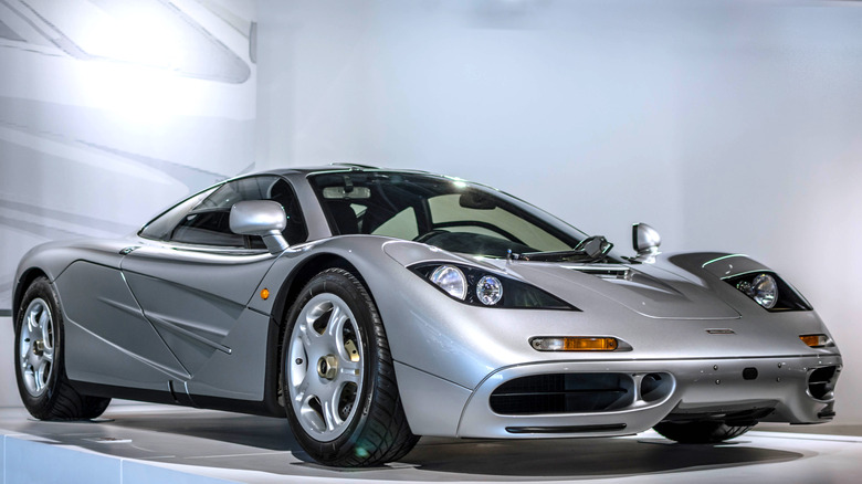 Silver McLaren F1 on display