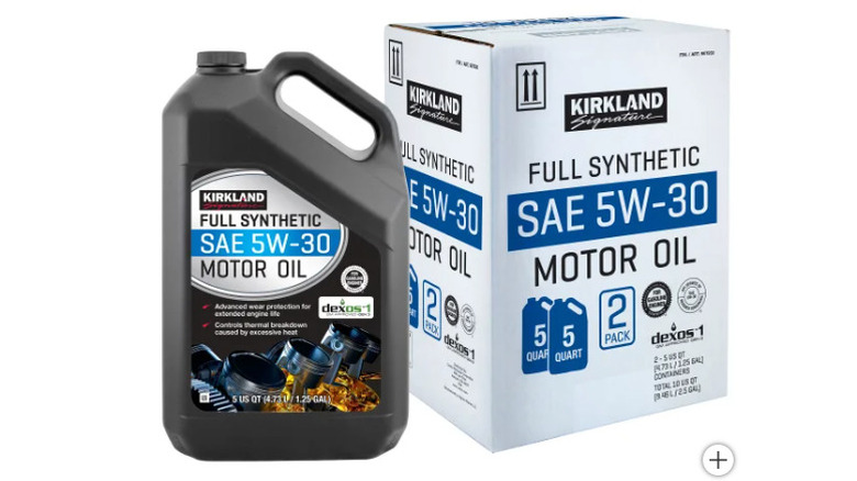 A bottle and box of Kirkland Motor Oil
