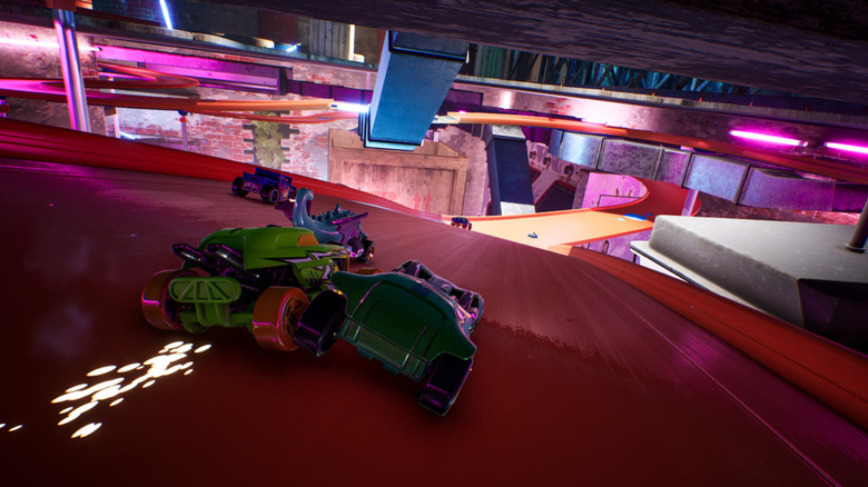 Hot Wheels cars racing on track