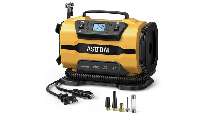 The AstroAI Tire Inflator Portable Air Compressor Pump is pictured on a white background.