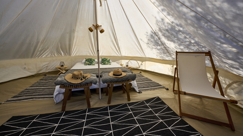interior of a luxury glamping tent