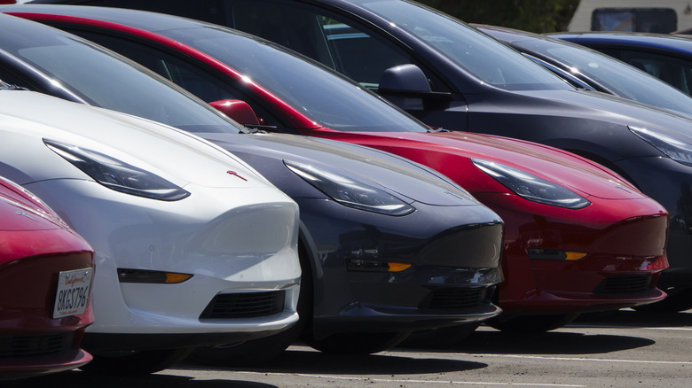 A row of Teslas in assorted colors