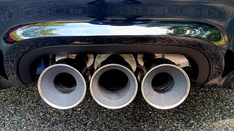 Close-up view of chrome exhaust pipes