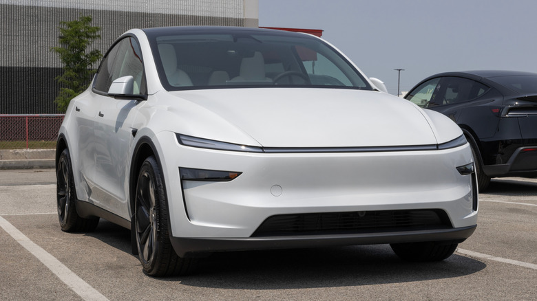 A front end shot of a white 2026 Tesla Model Y