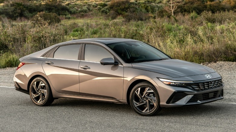Gray Hyundai Elantra parked on a rural road with shrubs in the background
