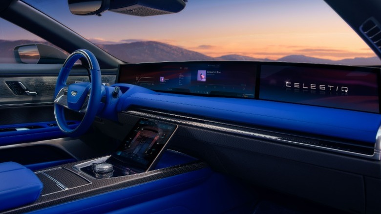 Cadillac Celestiq interior finished in blue fabric showing cockpit screens