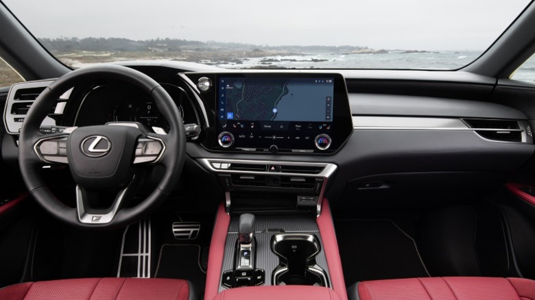 Red and black Lexus RX 500h interior showing screen