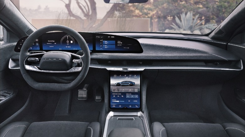 Lucid Air interior in gray fabric showing Glass Cockpit and Pilot Panel