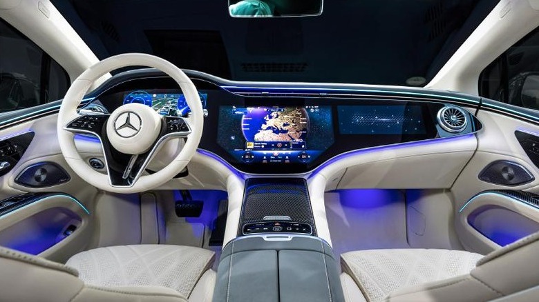 Mercedes-Benz EQS Sedan interior in white showing MBUX Hyperscreen