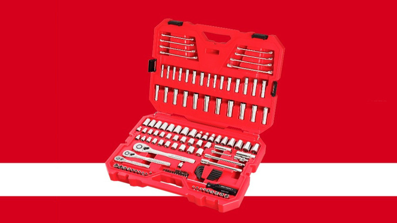 open red tool case with silver and black tools