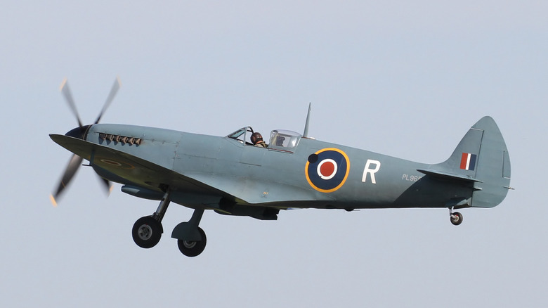 blue Supermarine Spitfire PR XI taking off