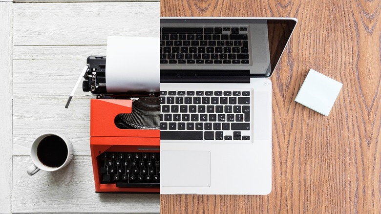 Split screen typewriter and laptop