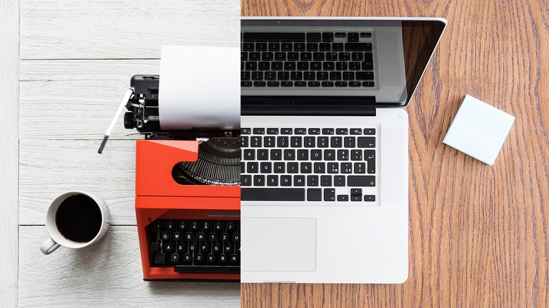 Split screen typewriter and laptop