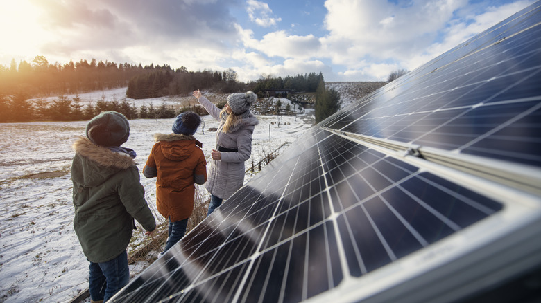 People standing next to solar panels in snow