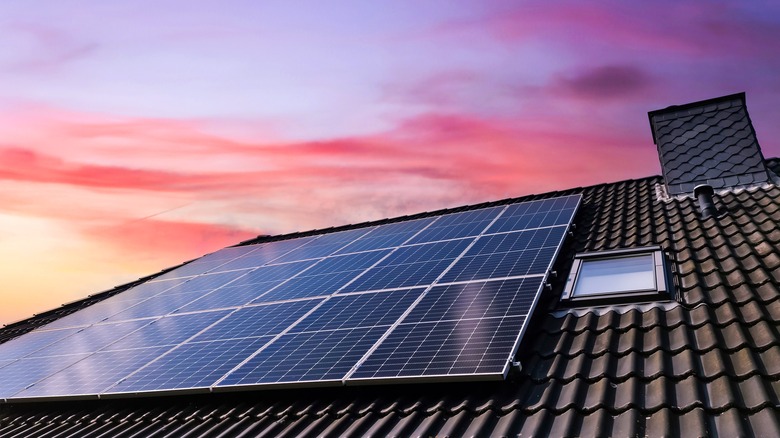 Solar panels on a roof at sunset