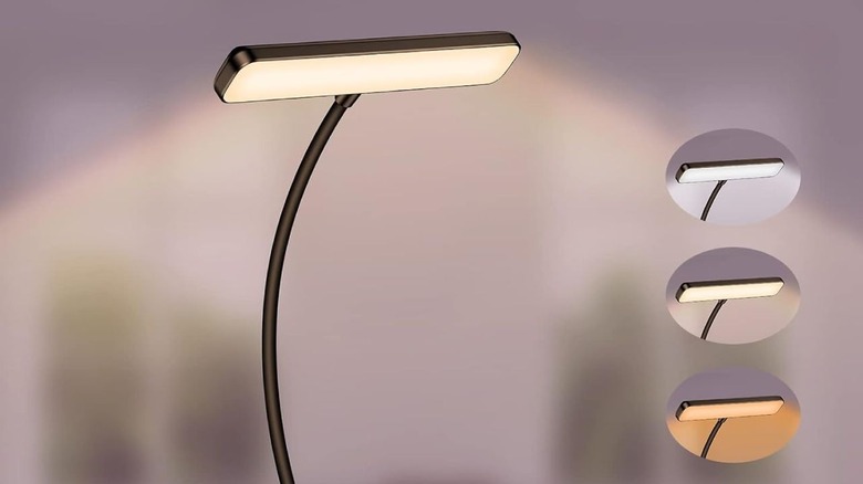 The Gritin 19 LED book light on a blurry background, only the upper half of the body is visible, with three smaller images demonstrating the three color temperatures of the light