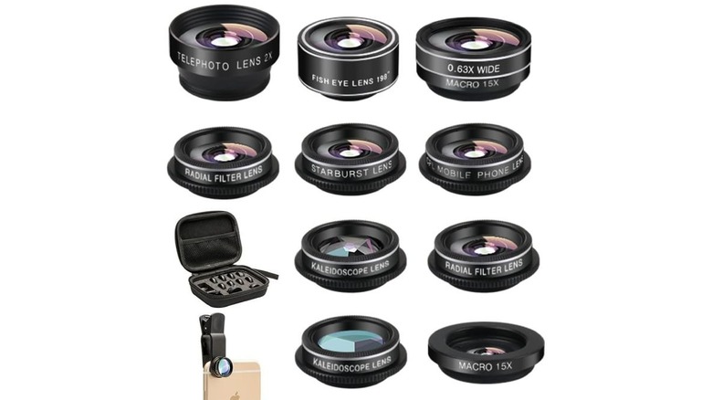 Various phone camera lenses on a white background, a phone with a clip-on camera lens in the bottom left
