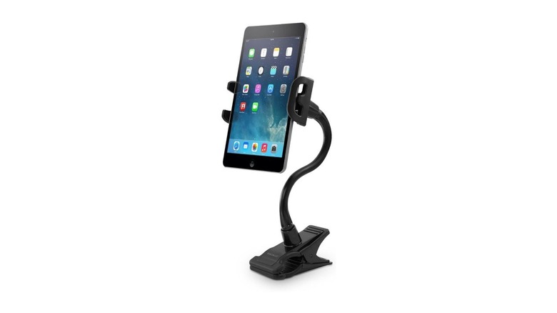 The Macally Adjustable Gooseneck Tablet and Phone Holder holding a phone on a white background