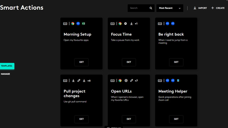 The Smart Actions templates screen