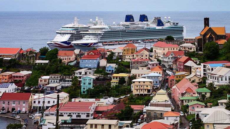 Cruise ships and pastel colored buildings in St. George, Grenada