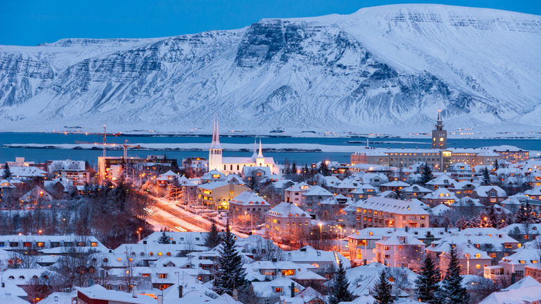 Reykjavik, Iceland lit up on snowy winter night