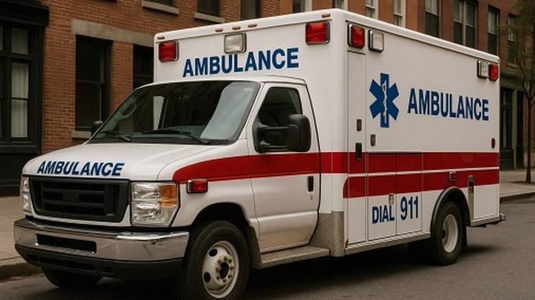 An ambulance parked on the side of a street lined with brick buildings.