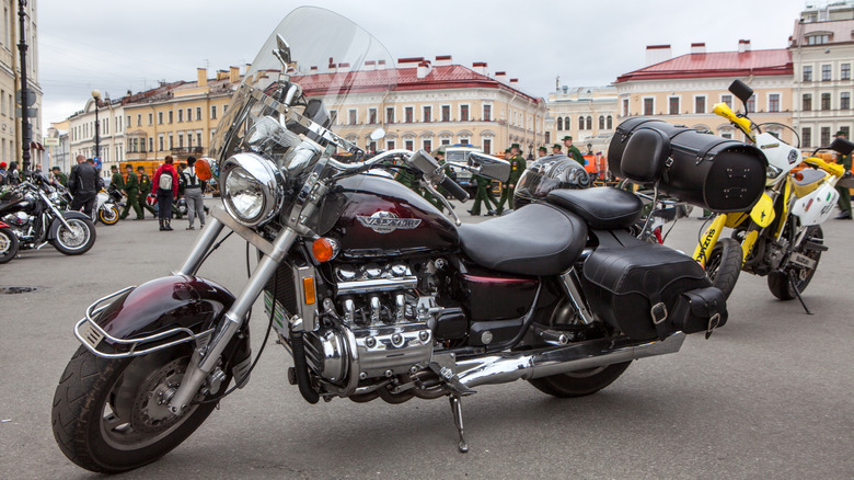 A Honda Valkyrie F6C otherwise known as the GL1500C parked in a square in St. petersburg.