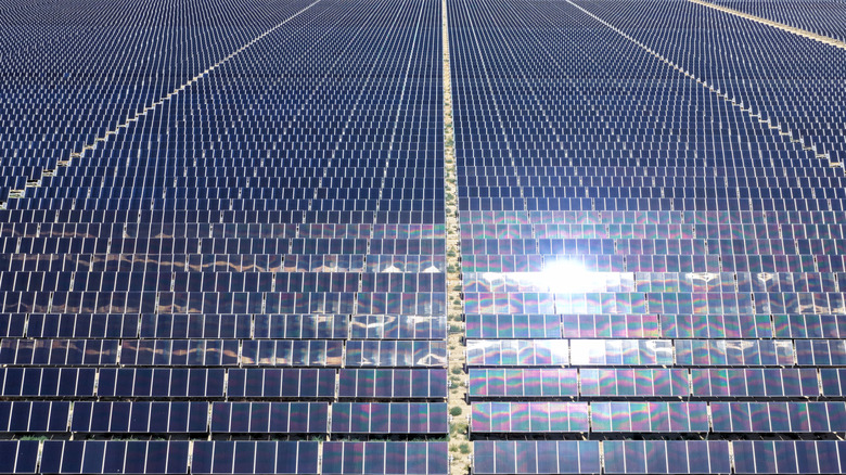 An aerial view of a solar panel array at a solar farm near Rosamond, California.