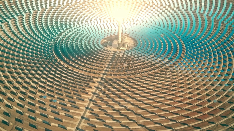 An aerial view of a concentrated solar power plant.