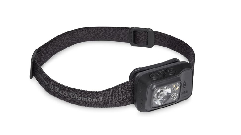 Black diamond headlamp on white background promotional image